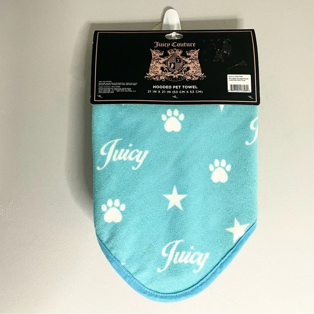JUICY COUTURE Paws & Stars Microfiber Hooded Pet Towel Bath Blanket NWT